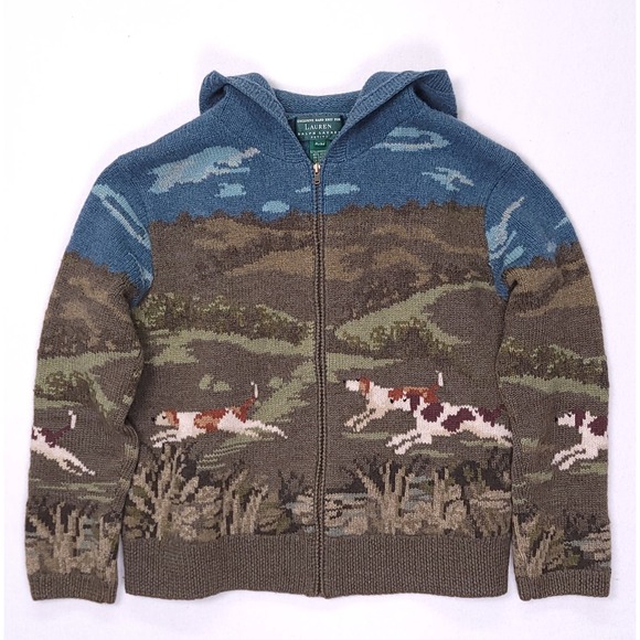 Lauren Ralph Lauren Tops - Lauren Ralph Lauren Womens P/M Wool Knit Full Zip Hoodie The Dog Hunt Blue Green